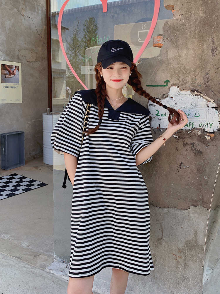 Academy style navy collar striped dress for women's summer new 2023 sweet and age reducing loose fitting T-shirt skirt