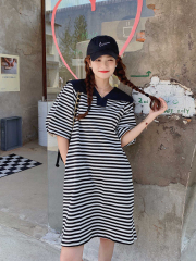 Academy style navy collar striped dress for women's summer new 2023 sweet and age reducing loose fitting T-shirt skirt