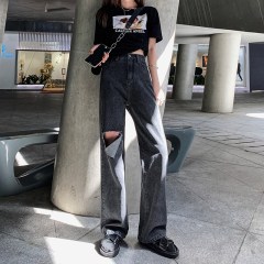 Summer thin grey black high waist holed jeans women's drape feeling floor dragging wide leg pants loose straight tube