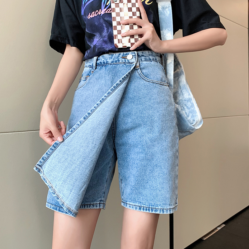 Real shot of the new high-waisted denim half-length skirt hakama women's summer thin section a-word slit for small people to prevent exposure