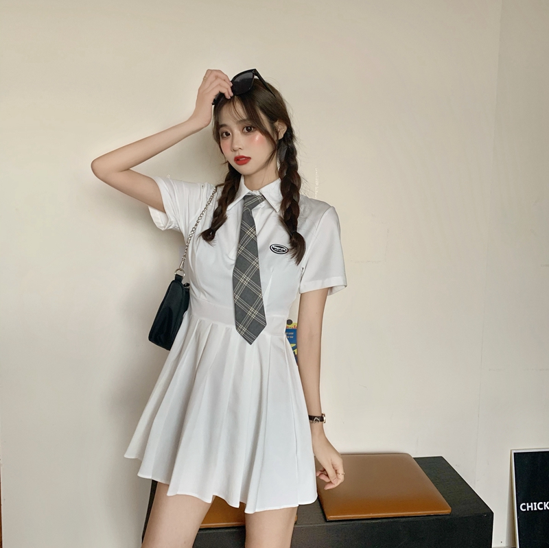 Real shot real price ~ Korean college Polo neckline pleated skirt uniform dress with tie