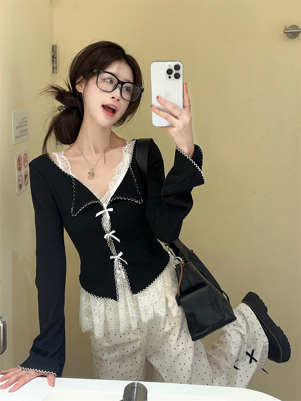 Real shot ~ Korean-style hollow-out bow long-sleeved knit top + lace camisole + high-waisted polka-dot wide-leg pants