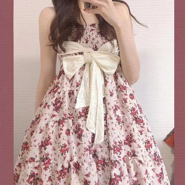 French retro gentle temperament suspender dress waist fairy first love Platycodon grandiflorum flower skirt summer