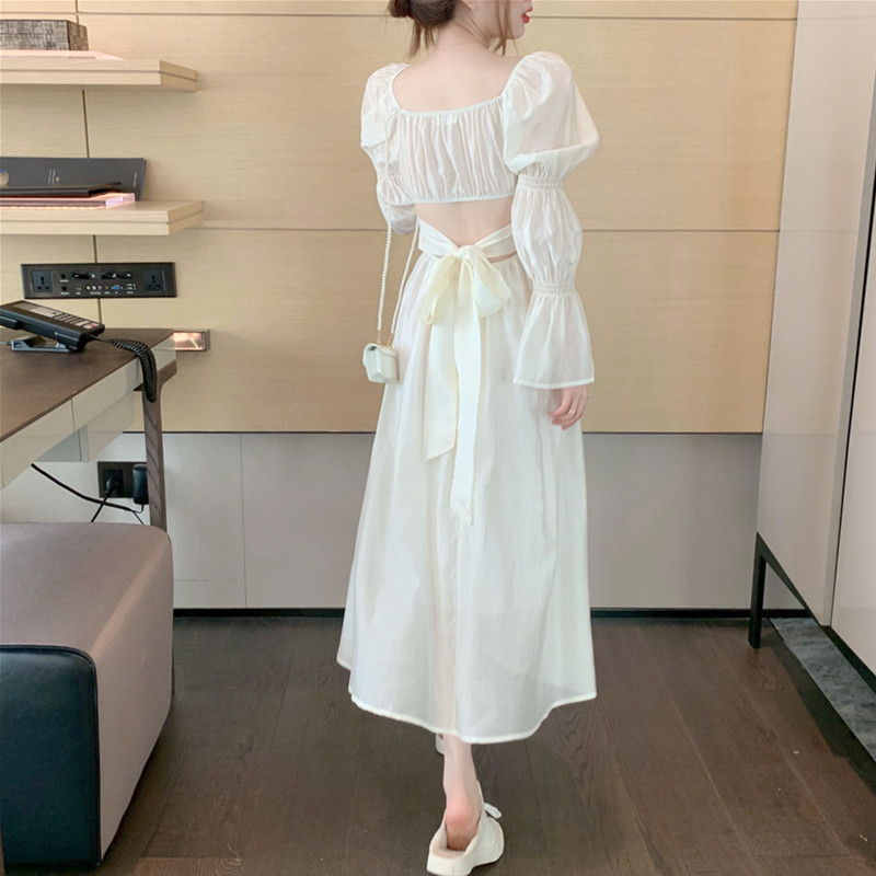 Real price real shot 2023 French square collar chiffon tie backless long-sleeved Korean version of the careful machine all-match dress
