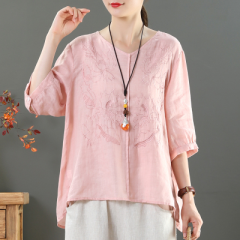 Literature and art RETRO embroidery collar 5-sleeve t-shirt female summer fat cotton hemp large size top female