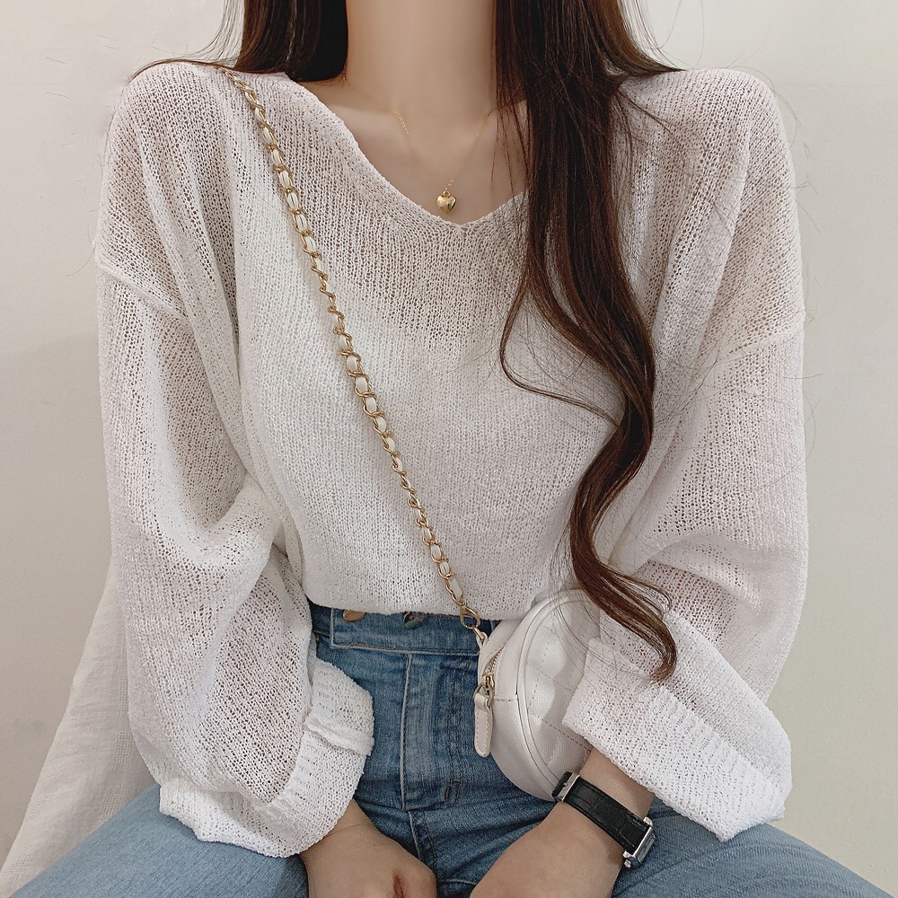 2021 summer cut out ice silk lazy wind V-neck thin knitwear casual blouse