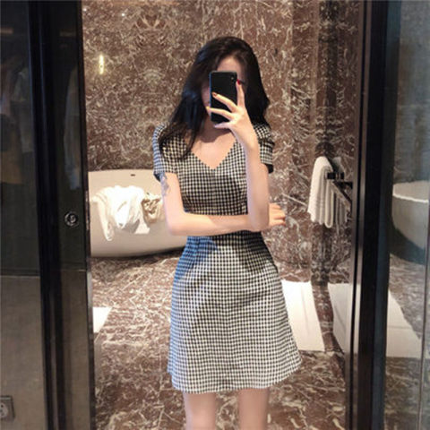 Summer new Vintage Chic Plaid super fairy dress girl sukol slim V-neck waist temperament skirt children