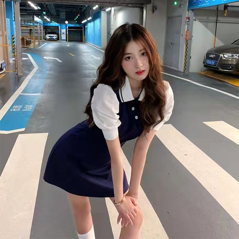 Foreign style aging Polo skirt women 2022 new summer Hong Kong retro chic college style waist slim dress