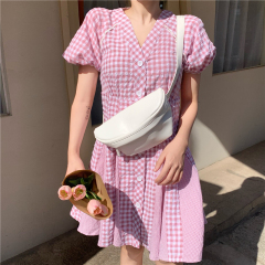 Real photo real price Plaid collar dress women's summer air retro waist show slim super immortal