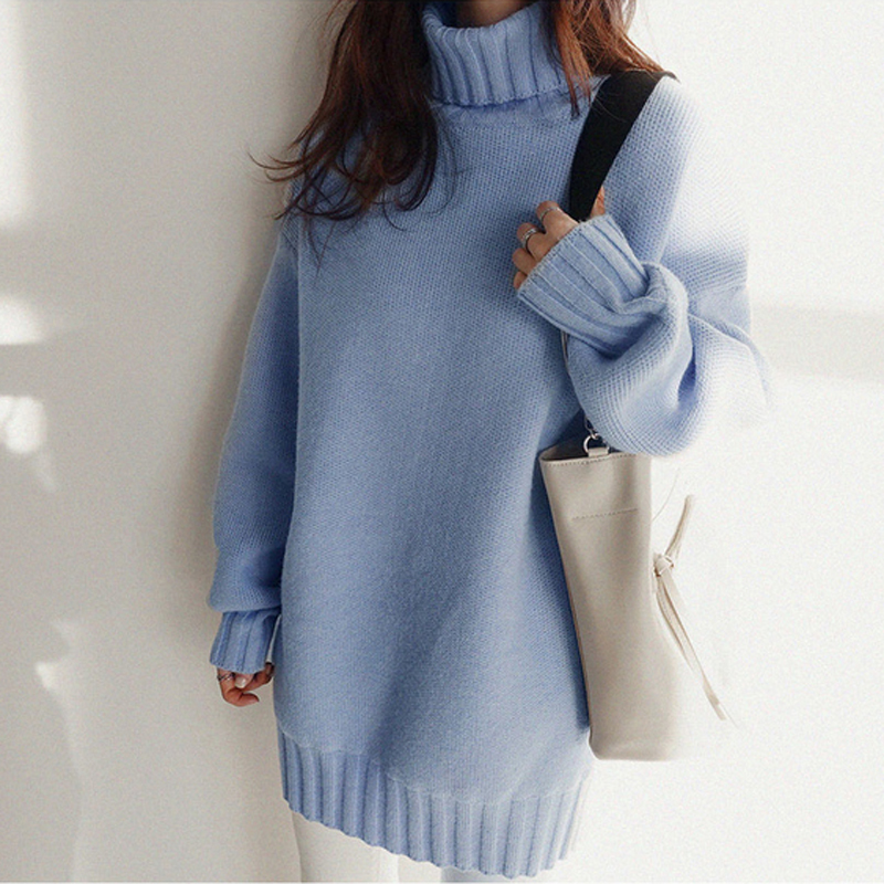 High neck sweater women's loose in autumn and winter wear Korean lazy wind blue Pullover thickened sweater sweater coat