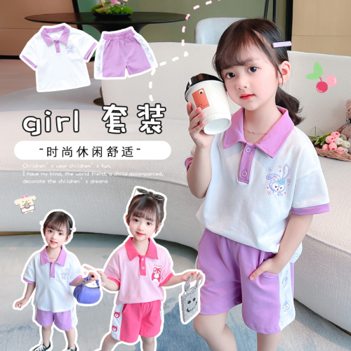 Girls' clothing summer 2023 new suit polo collar short-sleeved two-piece suit for children's casual fashion two-piece suit