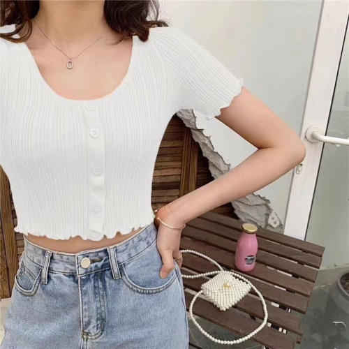 New in spring 2020! Sweet lace V-neck slim short sleeve T-shirt