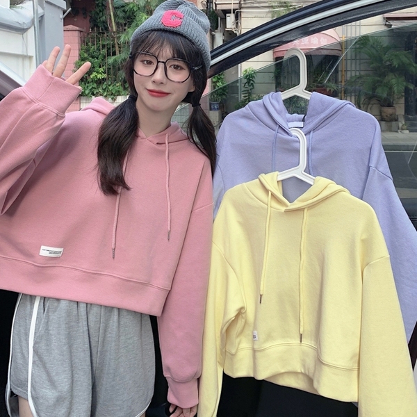 Real price thin sweater women's hooded short solid color top