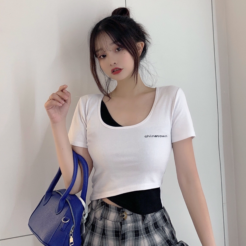 Real cotton fake two short short sleeved T-shirts women's slim open navel yoga clothes summer top