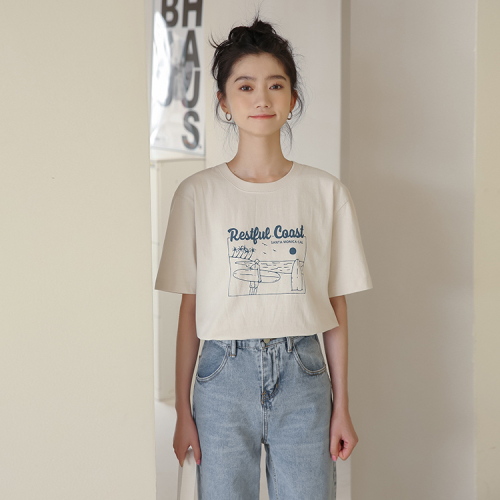 Hong Kong Style printed short sleeve T-shirt pure cotton loose round neck top student summer half sleeve T-shirt