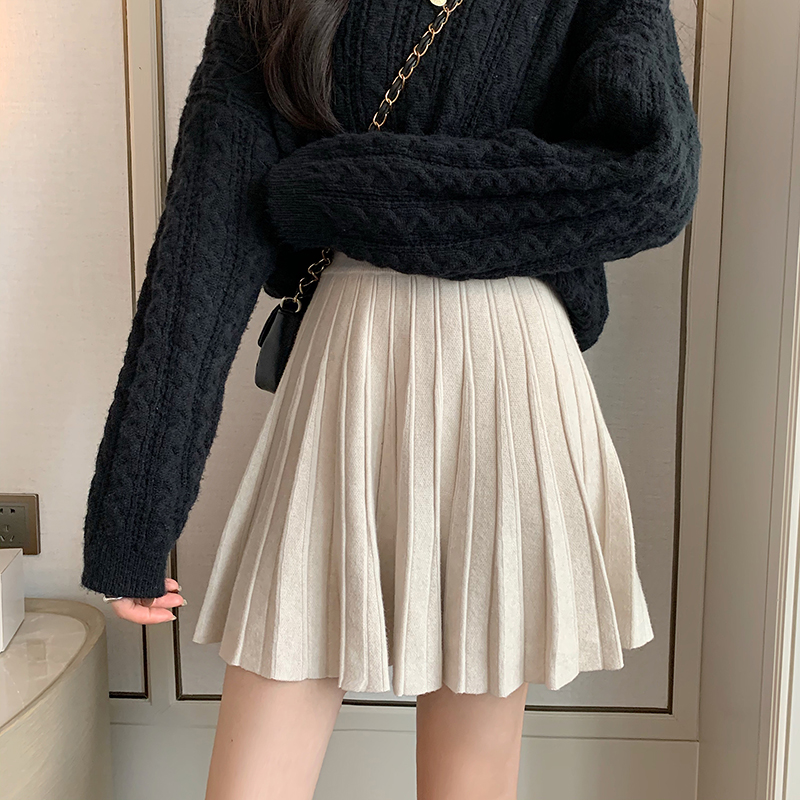 Real shot real price knitted thick pleated elastic waist skirt