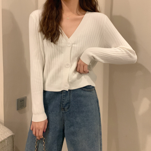 Korean V-neck versatile show thin long sleeve knitted short cardigan jacket for women