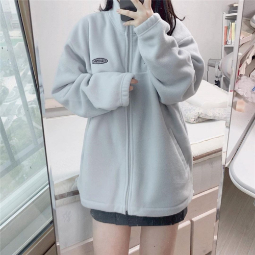 Retro college girls lovely embroidered letters thickened fleece zipper jacket warm winter Korea
