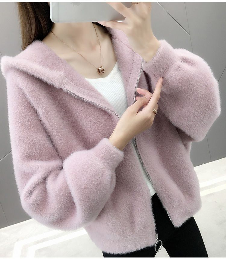 Hooded jacket 2022 autumn and winter Korean version of the new all-match very fairy imitation mink long-sleeved top loose knitted cardigan tide