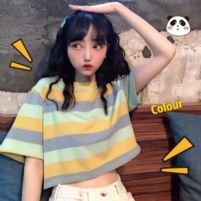 Summer new Korean loose Rainbow Stripe short sleeve t-shirt female student short navel revealing versatile top fashion