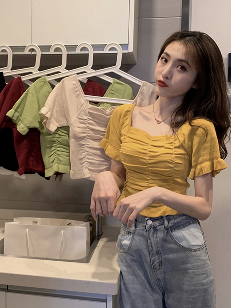 New women's summer French square neck short sleeve T-shirt