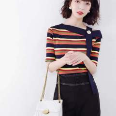 2021 summer new design small crowd off the shoulder T-shirt women's Short Sleeve Striped Sweater ice silk shoulder top