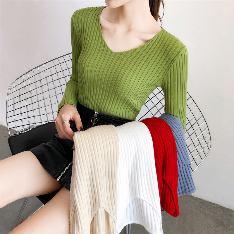2020 new foreign style V-Neck long sleeve bottomed T-shirt for autumn and winter