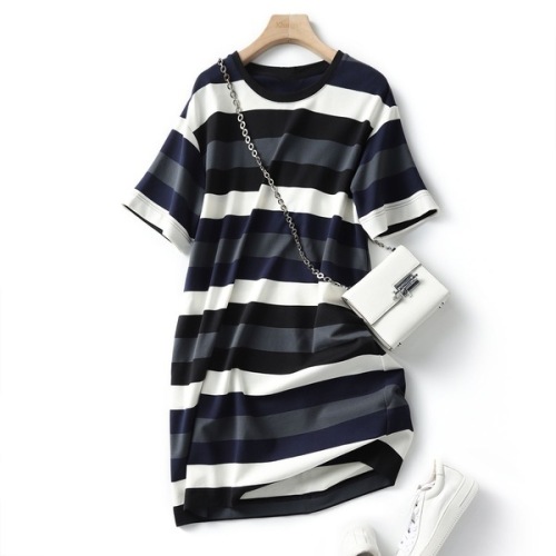 Summer 2020 new fashion loose large size skin covering short sleeve printing medium length striped dress for women