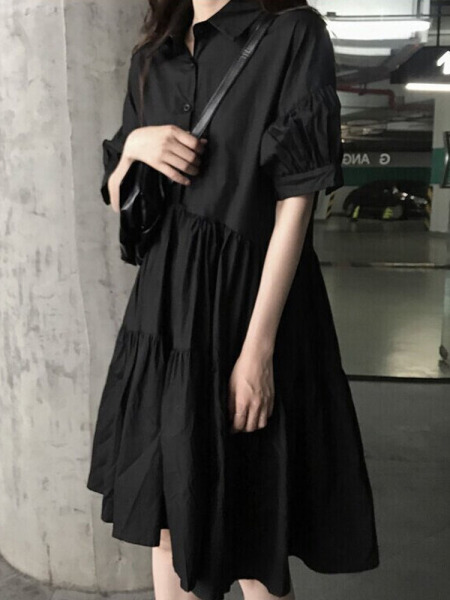 South Korean street ready minimalist loose little black dress show thin dark Department dress female versatile student