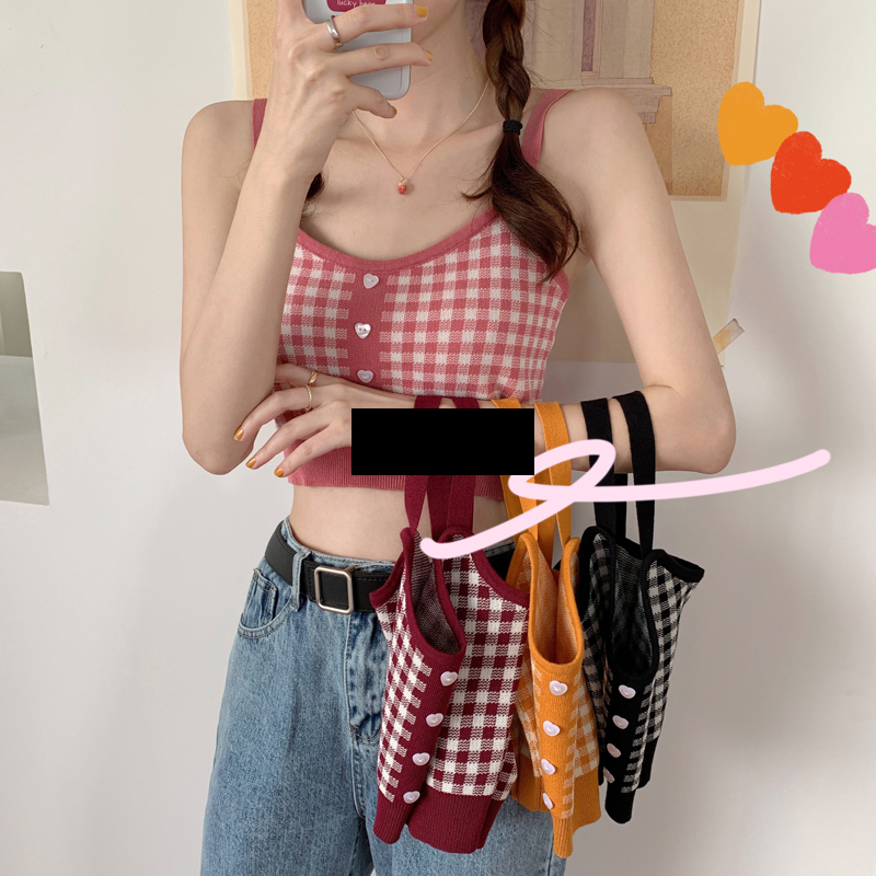 New Plaid suspender vest women's interior with elegant style short open navel knitted bottomed shirt