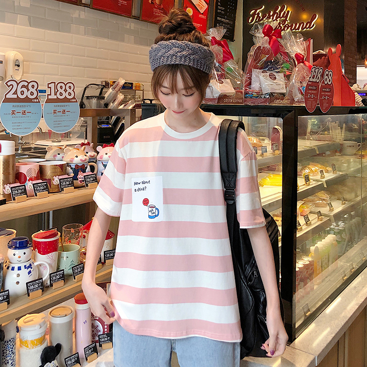 Real photo summer new school Stripe Print loose large short sleeve T-shirt for women