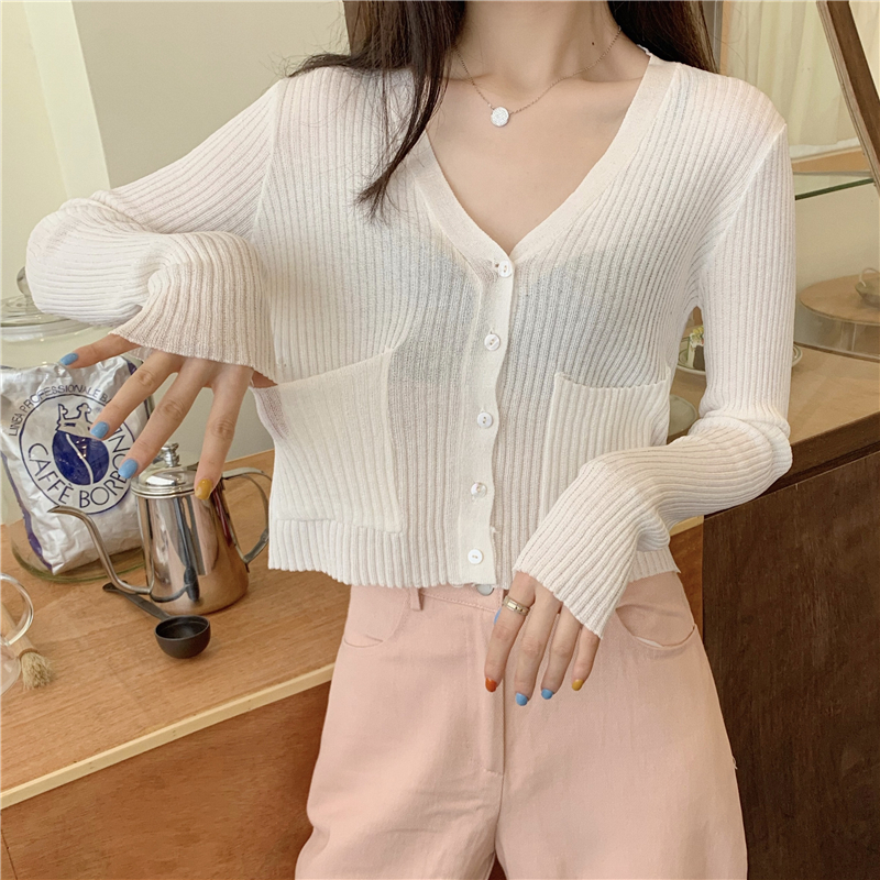 Ice silk knitted cardigan women's long sleeve summer new loose and versatile short V-neck top thin sun proof air conditioning shirt