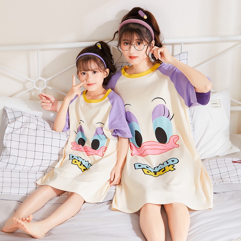Real shooting pajamas female cotton lovely short sleeved nightdress summer can wear parent-child home clothes