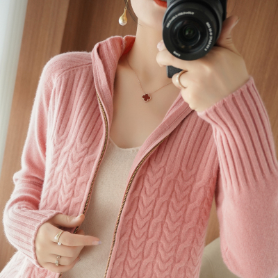 2021 spring and autumn new cashmere cardigan women's zipper fashion twisted flower stand collar 100% wool sweater coat Long Sleeve