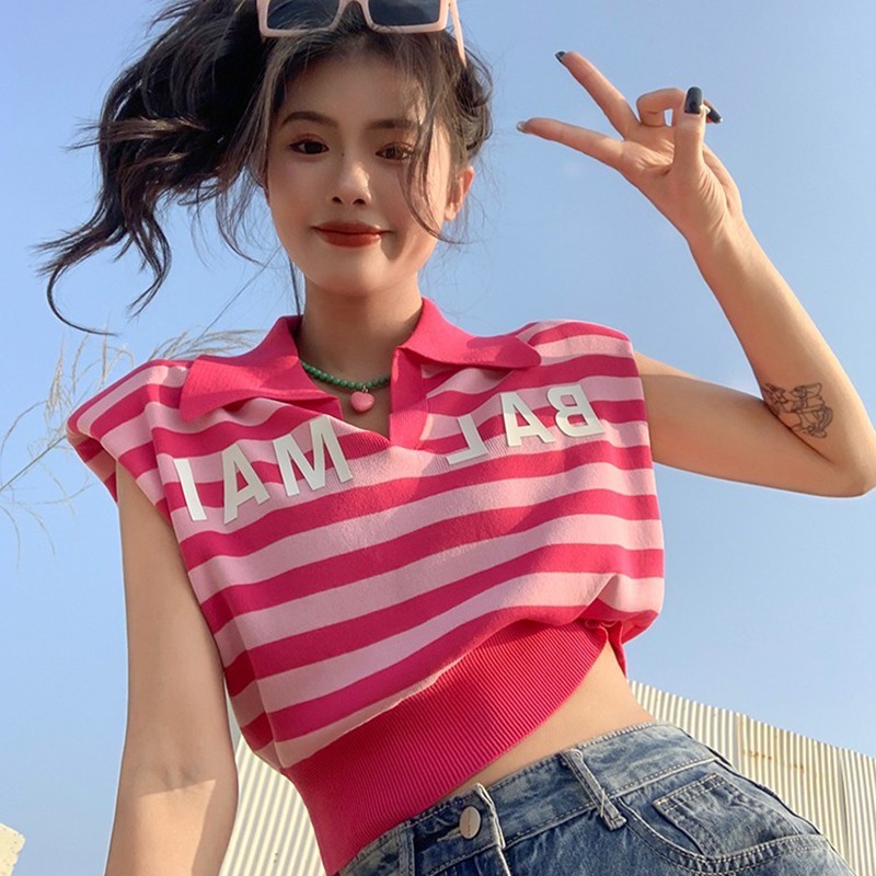 Polo collar sleeveless vest women's summer Korean 2022 new sweet and spicy stripe letter versatile short top