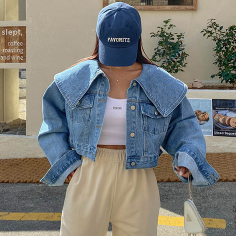 Sweet large lapel washed denim jacket