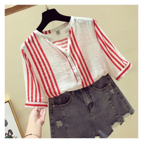 Chiffon vertical stripe shirt women's new spring and summer 2020 Korean loose and thin V-neck 5-sleeve forest top