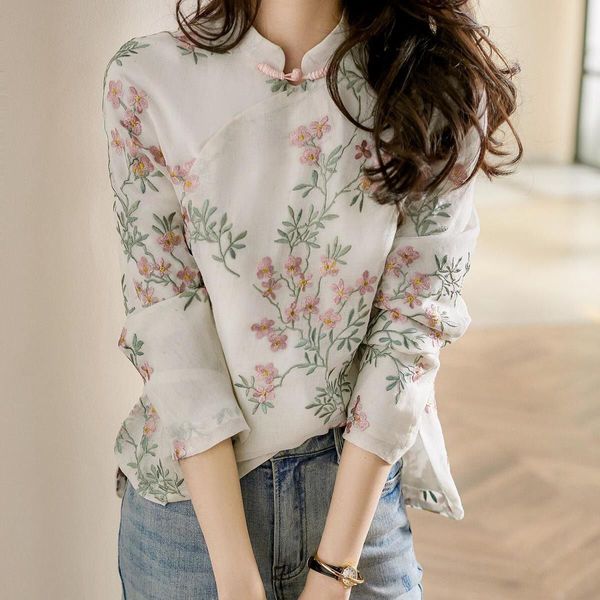 Non-real shot Chinese-style improved cheongsam top peach shirt retro buttoned long-sleeved printed shirt female spring stand collar