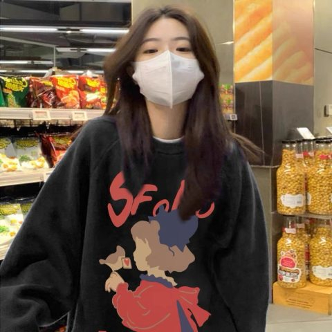 Harajuku BF plus velvet thick pullover round neck sweater female student salt loose top autumn and winter coat lazy wind