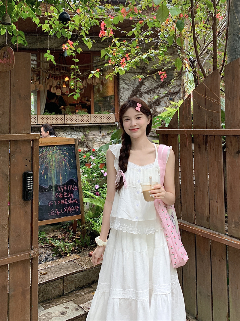 Real shot and real price white two-piece summer small flying sleeve top small fresh skirt fashion suit for women