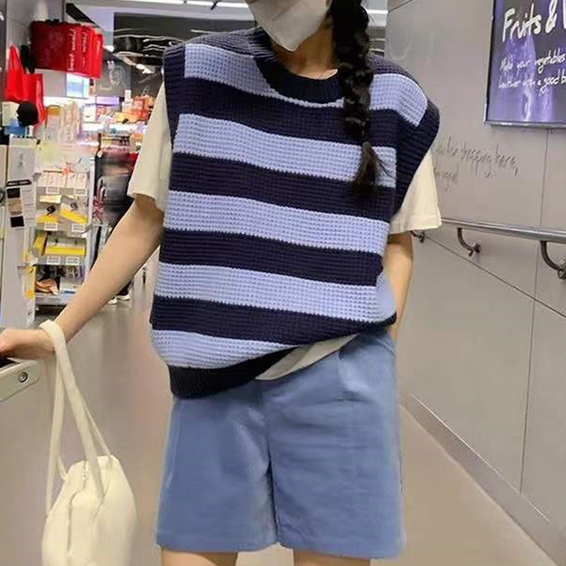Yang Bubble Blue Thick Striped Knitted Vest Women's 2022 Early Autumn New Loose Korean Lazy Wind Sweater Jacket