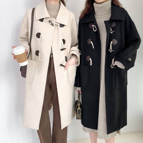 Dragon and Phoenix ox horn button wool coat women's middle long autumn and winter Korean college style thickened wool coat