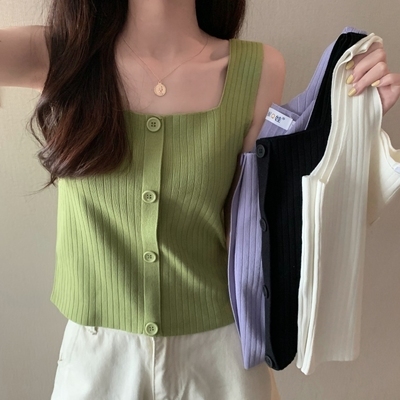 2021 summer new green knitted vest suspender female outer wear student inner bottom shirt sleeveless blouse