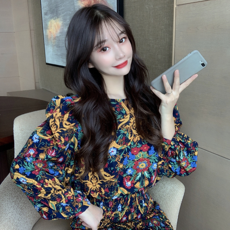Lantern sleeve spring floral slim waist spring and autumn dress women's spring dress 2022 new retro high waist bag hip skirt
