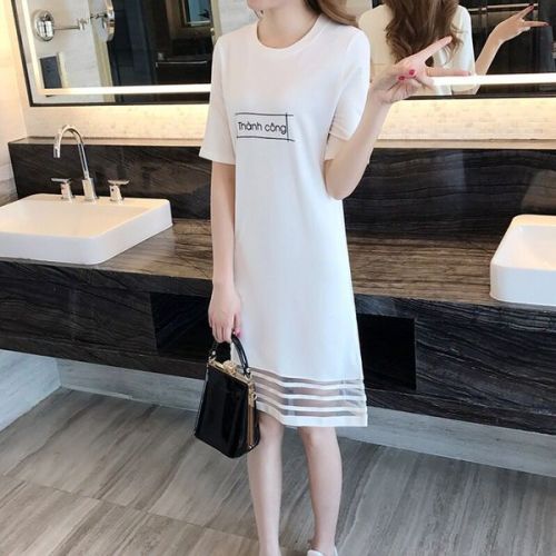 Summer letter printing loose and thin dress women's short sleeve splicing mesh medium length bottoming skirt trend