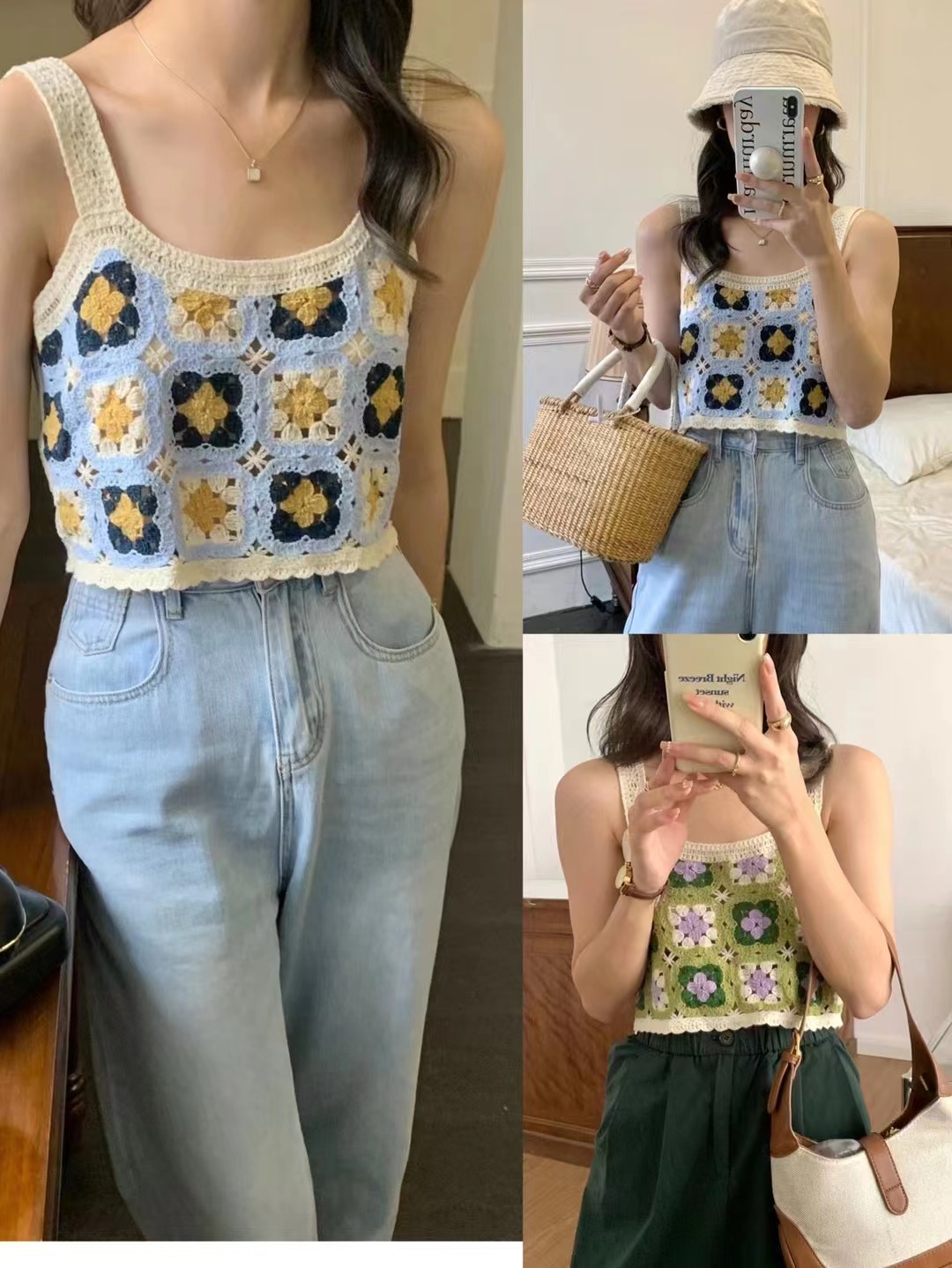 Knitted sling women's summer French sleeveless niche design sense foreign style hollow hook flower short loose vest top