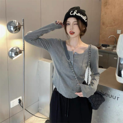 Gray long-sleeved t-shirt women's spring and autumn irregular high-waisted self-cultivation with a sense of design niche short bottoming shirt top
