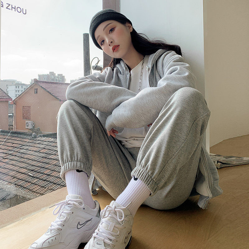 Plush and thickened sweatpants women's loose legged autumn and winter grey slim and versatile new casual pants Harlan pants