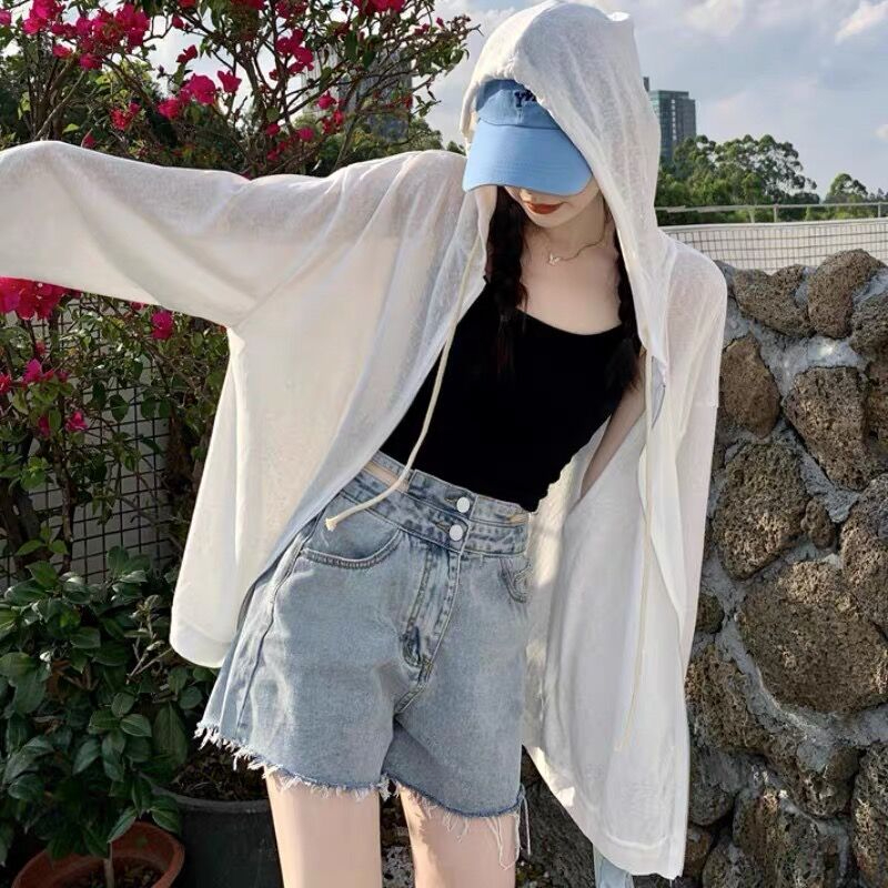 Summer New Ice Silk Thin Sunscreen Coat Female Loose Long Sleeve Hooded Zipper Air Conditioning Cardigan