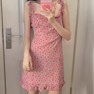 Summer 2021 peach little cute ~ Korean foreign girl fresh pink berry broken flower Auricularia auricula side Sling Dress